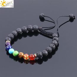 CSJA Chakra Lava Stone Bracelet with Coloured Stones Black Natural Gemstone Round Beads Adjustable Braided Rope Men Charm Yoga Bracelets333S