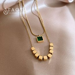 2022 Design Sense Double-Layer Green Crystal Square Stainless steel Necklace Korean Fashion Neck Chain For Womans Sexy Jewellery