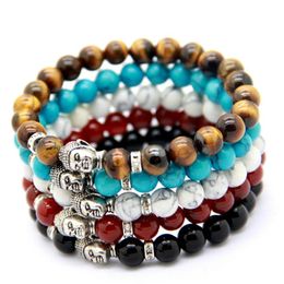 Whole 10 pcs lot Men's Beaded Buddha Bracelet Turquoise Black Onyx Red Dragon Veins Agate Tiger Eye Semi Precious stone Jewerl286p