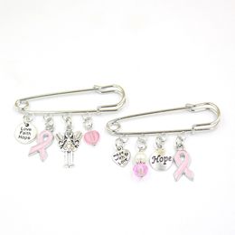 Wholesale Breast Cancer Brooch Awareness Jewelry Love Faith Hope Angel Pink Ribbon Pins Brooch Safety Pin