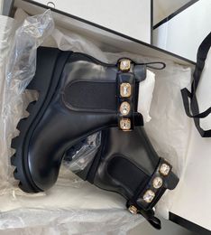 Winter Famous Brand Crystal-embellished Ankle Boots Women Crystal Belt Black Calf Leather Chunky Soles Combat Booty Lady Comfort Walking