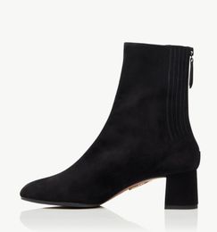 aquazzura Boot Leather Winter high-quality Honore Bootie Woman Elgant Suede Zip Mid Calf Block Heel Stretch Ankle Boots Ch Heel Rubber Outsole