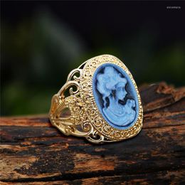 Cluster Rings 6 Colours Lady Queen Cameo For Women Gold Colour Pink Blue Grey Fashion Hollow Flower Ring