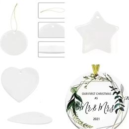 Stock 3-inch Sublimation Blank White Chirstmas Engaged Customised Ornament Round Heart Circle Star Shape Ceramic Xmas Tree Decor Hangtag 918