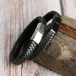 Genuine Leather Bracelets Men 12 6mm Stainless Steel Magnetic Clasps Cowhide Braided Wrap Trendy Bracelet Armband pulsera hombre284R