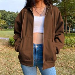 Women's Hoodies Zip Up Hoodie Women Casual Korean Style Hooded Sweatshirt Female 2022 Oversized Top Solid Pocket Jacket Coat Vintage