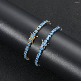 Link Bracelets 4mm 1 Row Brass Tennis Bracelet Blue Cubic Zirconia Gold Silver Colour Men Women Iced Out Bling Hip Hop Gift Jewellery