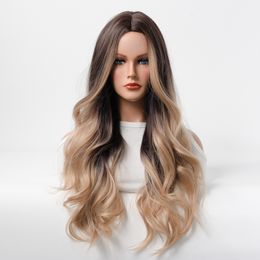 Synthetic Wigs European and American Foreign Trade Fake Female Mid-point Gradient Highlighting Big Wave Long Curly Hair Matte Temperament Headgear WIG