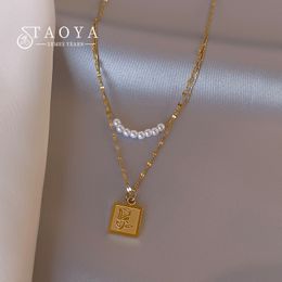 Design Square Rose Pearl Pendant Double-layer Stainless steel Necklace 2022 New Fashion Jewellery For Women's Party Sexy Necklace