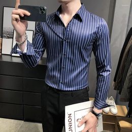 Men's Casual Shirts 2022 Spring Men's Striped Shirt Long Sleeve Slim Fit Streetwear Business Dress Social Party Blouse Chemise Homme
