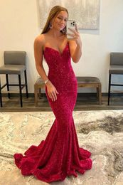 Mermaid 2023 Bling Prom Dresses Sequined Lace Strapless Long Party Gowns Formal Evening Dress