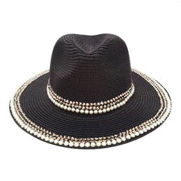 Berets Pearl Straw Hats For Women Bucket Sun Ribbon Men Hat Summer Panama Formal Outdoor Party Picnic Black White