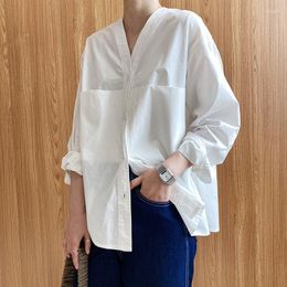 Women's Blouses HXJJP Simple Long-sleeved V-neck Double-pocket Shirts Female 2022 Spring Autumn Casual Button Down Tops 660
