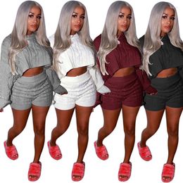 Women's Tracksuits Women Knitted Croped Tops Suit Setes Sexy Short Sweater Two Pieces Casual Long Sleeve Body Shorts 2 PCS Overall Atumn