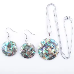 Natural Paua Abalone Shell Round Fashion Jewellery Set For Women Party Gift Beads Dangle Pendant Dangle Hook Earring Chain 45cm Q3001