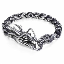 Davieslee Dragon Head Men's Bracelet Male 316L Stainless Steel Bracelet Wheat Link Chain Punk Jewellery 9mm 21 5cm DLHB450 210609245g
