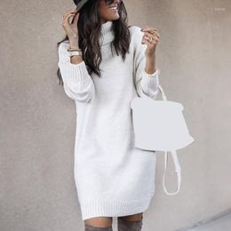 Women's Sweaters Women Solid Color Turtleneck Long Sleeve Casual Loose Knitted Sweater Dress Warm Autumn Women's