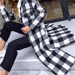 Women's Trench Coats Women's 2022 Autumn And Winter Fashion Lapel Black White Plaid Windbreaker Slim Long-sleeved Ladies Overcoat