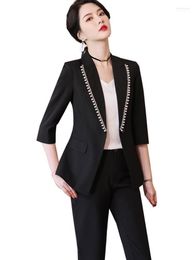 Women's Two Piece Pants Women's Office Ladies Summer Work Wear Formal Pant Suit Blazer Women White Black Female Half Sleeve Jacket And