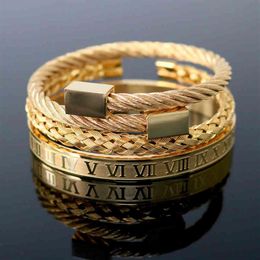selling stainls hexagon square head Roman numeral Braided Bracelet men's gold titanium steel bracelet260L