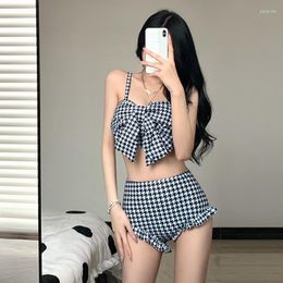 Women's Swimwear Bow Tie Ladies Korean 2022 Women Split Bikini Swimsuit Checkerboard High Waist Shorts Lace Slim Sexy Swimsuits