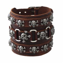 Men's Trendy Alloy Skulls Beaded Bracelets Punk Rock Jewellery PLB076 Multi-color Leather Woven Hip Hop Accessory274U
