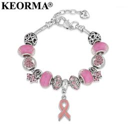 KEORMA Breast Cancer Awareness Pink Ribbon Pendant Heart Snake Chain Adjustable Charm Bracelet & Bangles Women Mother's Day Gift1336T