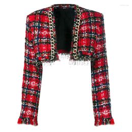 Women's Jackets Red Plaid Tweed Short Open Stitch Coat Female 2022 Spring Design Chain Tassel Sequins Women High Quality