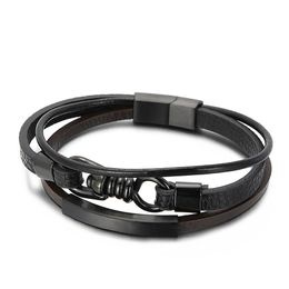 European Punk Jewellery 5 pieces lot Stainless Steel Charm Metal Accessories 3 Layer Men Leather Bracelet Black210O