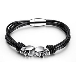 Fashion Jewellery Mens Charm Braid Multilayer Leather Skull Bracelet Finding Stainless Steel Magnetic Buckle Design Punk Bracelets For Me284t