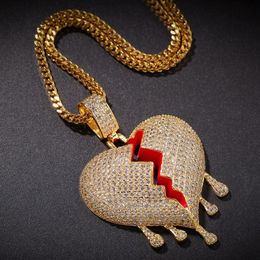 Iced Out Broken Heart Pendant Necklace Mens Womens Fashion Hip Hop Jewelry Gold Silver Water Drop Necklaces232U