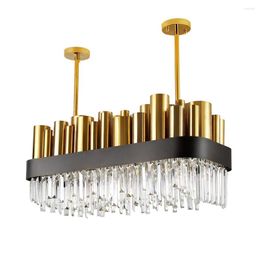Pendant Lamps Luxury Modern Crystal Chandelier Gold Polished Steel Dining Room Lighting Fixture Rectangle AC110-240V Cristal El Lobby Light