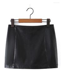 Skirts 2022 Women Vintage Black Faux Leather PU Skirt Ladies Zipper Low Waist Fashion Mini