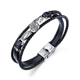 Mens Black Charm Leather Braided Bracelets Clasp Fashion Music Note Design Hip Hop Jewellery Punk Men Handmade Bracelet For Gift286G