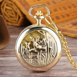 Pocket Watches Golden Elk Mechanical Watch Roman Numerals Dial Double Open Face Pendant Manual Mechanism Fob Chain Timepiece Male Gifts