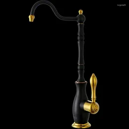 Kitchen Faucets Black Gold Soild Brass Sink Faucet Prified Water Tap Single Cold 360 Degrees Rotating Handle Deck Mounted