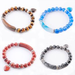 Natural Stone Beads Strand Bracelets & Bangles Heart Shape Silver-Color Fitting Women Jewelry Love Gifts BK333