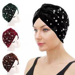 Women's velvet Indian hat retro fashion hat pearl beads Winter Warm Turban Cross India Cap for women Hijab Turbante