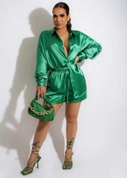 Women's Tracksuits Green Satin Shirt Long Sleeves Loose T And Short Set Women Two Piece 2 Sets Blouse Womens Outfits