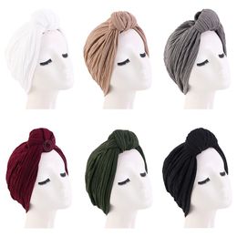 Fashion Women Turban Cap Knotted Ruffle Head Wrap Muslim Headscarf India Hat Solid Color Night Sleep Haircare Hijab Chemo Cap