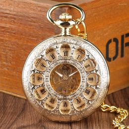 Pocket Watches Gold Flower Skeleton Mechanical Watch Roman Numerals Display Pendant Clock With Thick Chain Manual Mechanism Timepiece