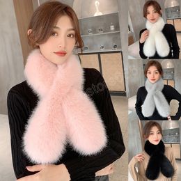 Women Winter Warm Scarf Female Faux Rabbit Fur Plush Thick Scarves Solid Colour Fuzzy Plush Cross Collar Student Girls Neck Wraps