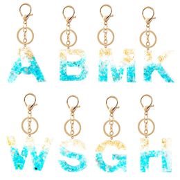 Cute Gold Blue Gradient Color Letter A-Z Keychain Women Handbag Pendant Fashion Car Jewelry Key Ring Crystal Stone Key Chain