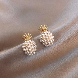 Stud Earrings S925 Silver Pineapple Pearl French Retro High-end Red Temperament Female Needle Jewellery