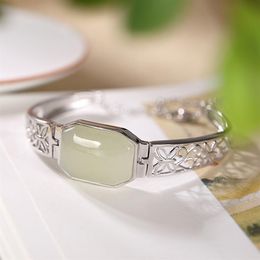 S925 sterling silver inlaid hetian jade white jade hollowed-out pattern personality temperament lady bracelet for women jewelry2444