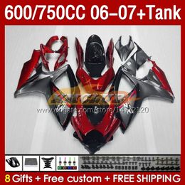 Injection Mould Fairings & Tank For SUZUKI GSXR600 750CC GSXR-750 K6 GSX-R600 06-07 154No.7 red grey stock 600CC GSXR 600 750 CC GSXR750 06 07 GSXR-600 2006 2007 OEM Fairing