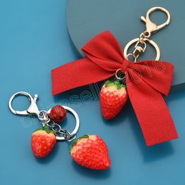 Strawberry Red Ribbon Keychain Keyring for Women Girl Jewelry Simulated Fruit Cute Car Key Holder Keyring