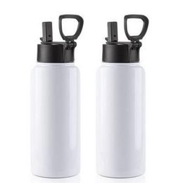 Sublimation Blank Tumbler 32 OZ White Vacuum Flask Stainless Steel Sports Wide Mouth Water Bottle with Straw and Portable Handle 918