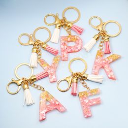 Pink Creative Letter Liquid Key chains 26 Glitter English Alphabet Ball Car Bag Tassels Pendent Crystal Keyring