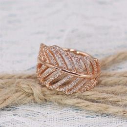 Rose gold feather Band rings original silver fits for style Jewellery 180886CZ H8ale H8287T